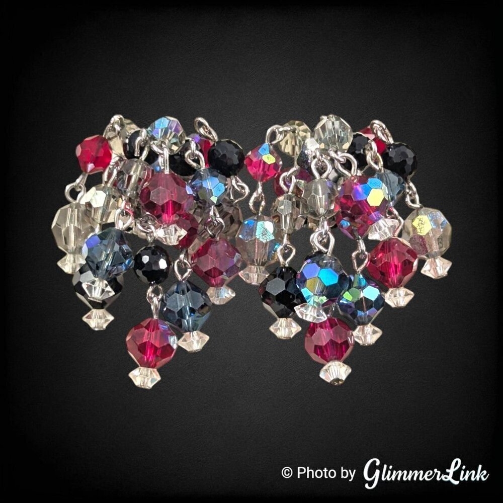 VTG 50s LAGUNA Multicolor Cha Cha Beaded Cluster Silver Tone  Clip On Earrings - Picture 5 of 10
